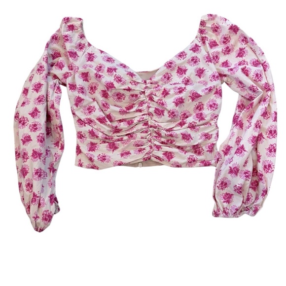 Zara Pink Floral Puff Sleeve Ruched Crop Top Size Small - Picture 2 of 4
